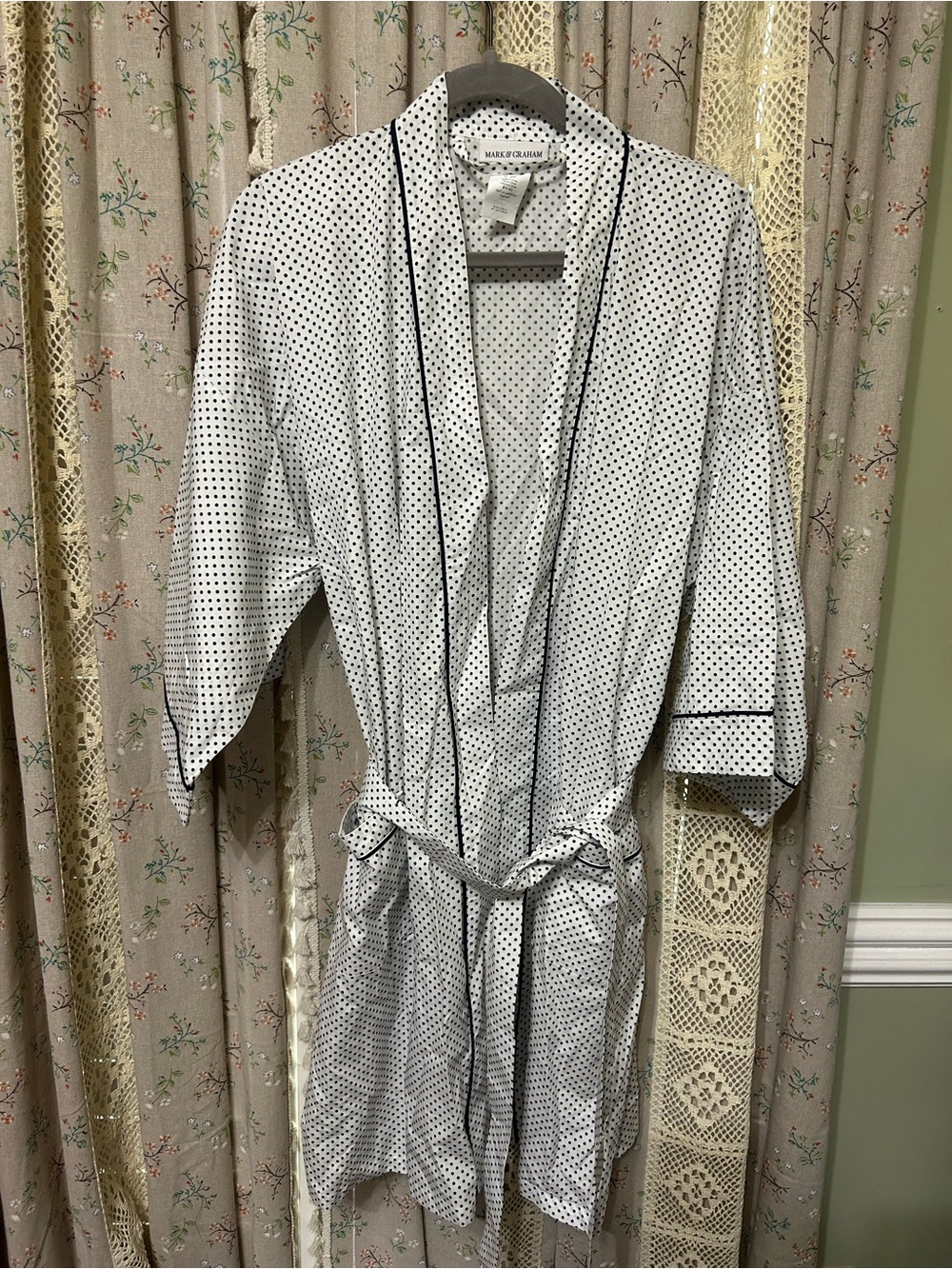 Mark &‎ Graham Cotton Polka Dot Robe White Navy Belted Kimono Robe L NWOT